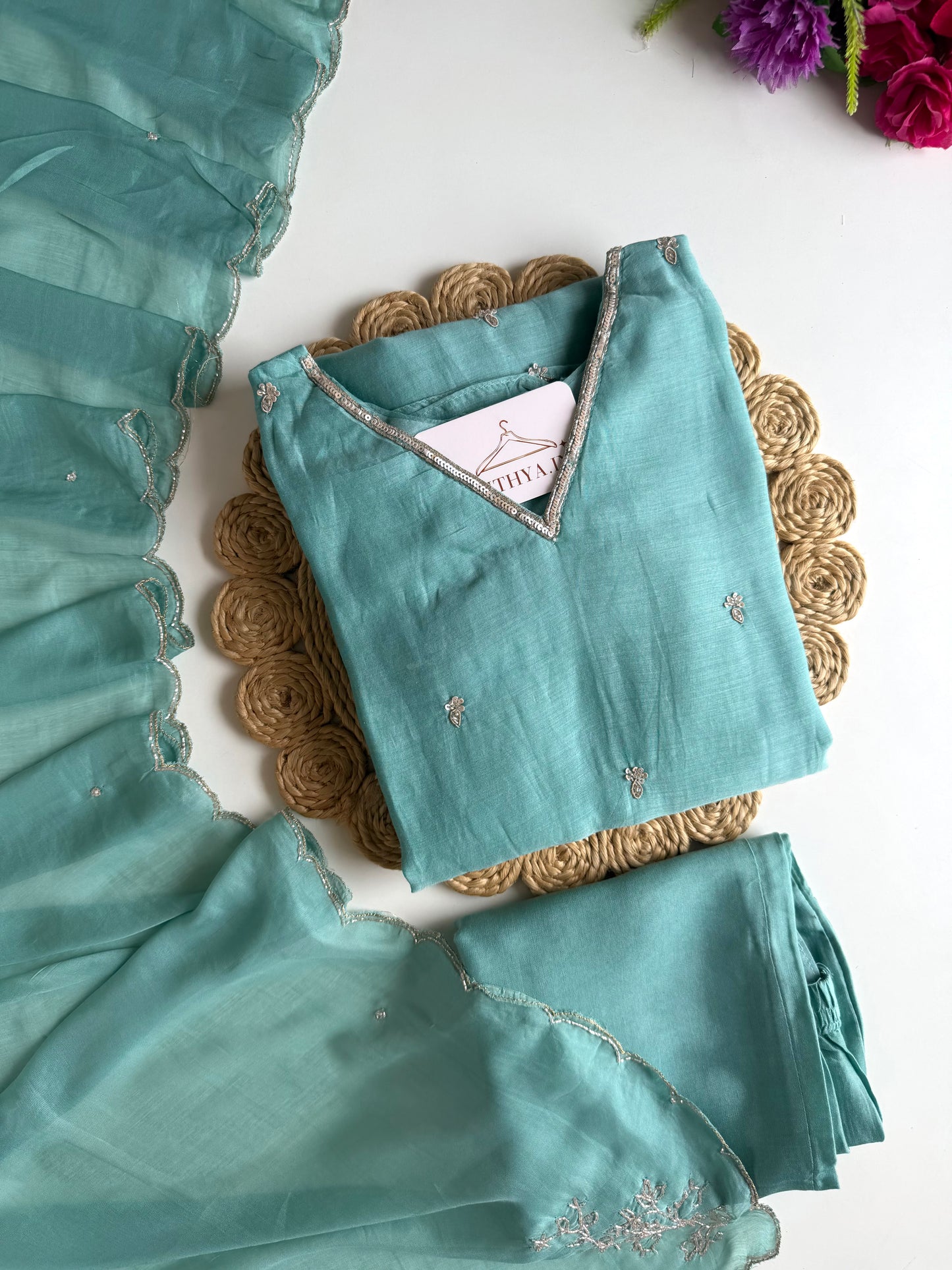 K132 - Mul chanderi handwork aline Kurti with pants and dupatta