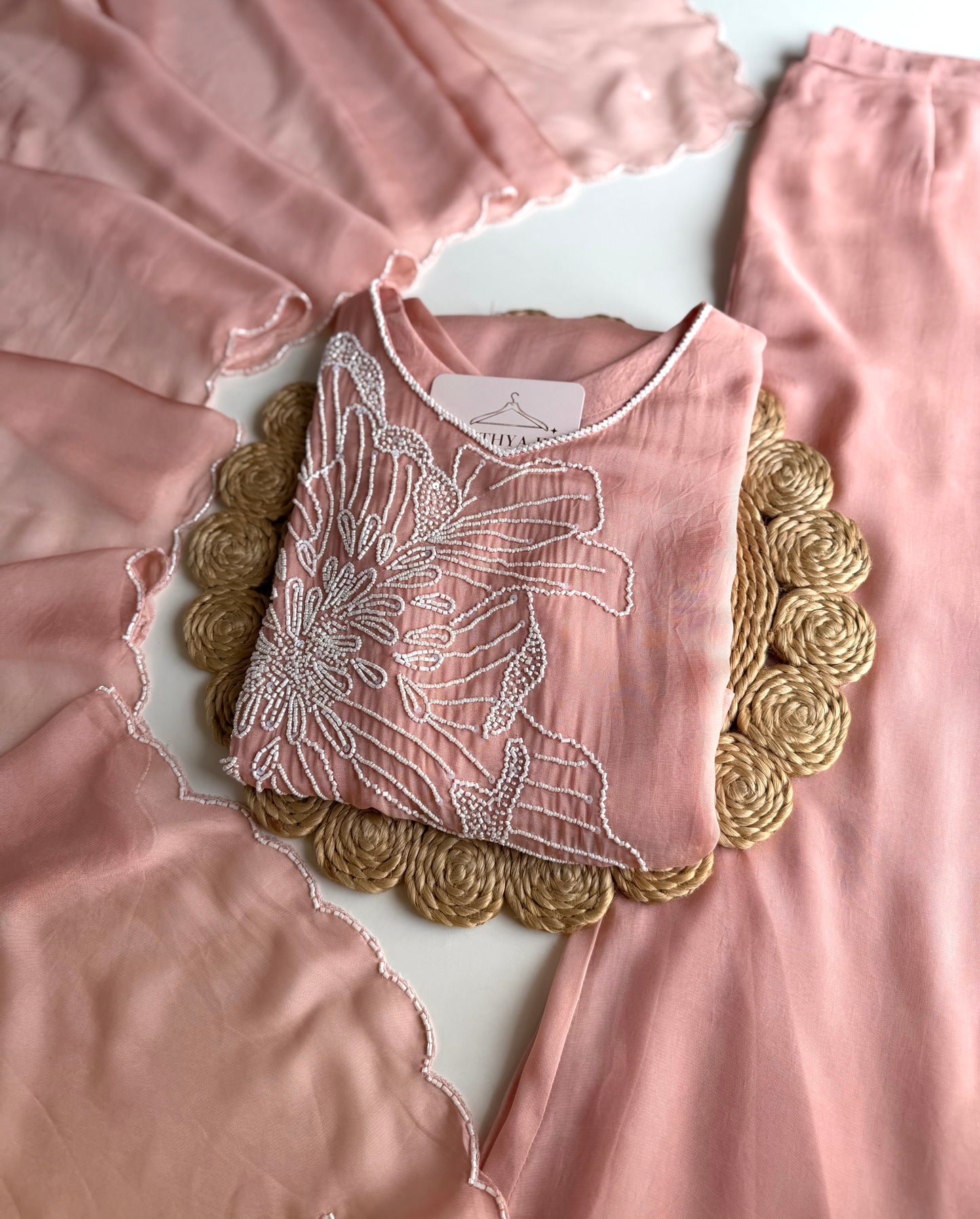 K525 - Pure Crape handwork Kurti with divider pants and dupatta