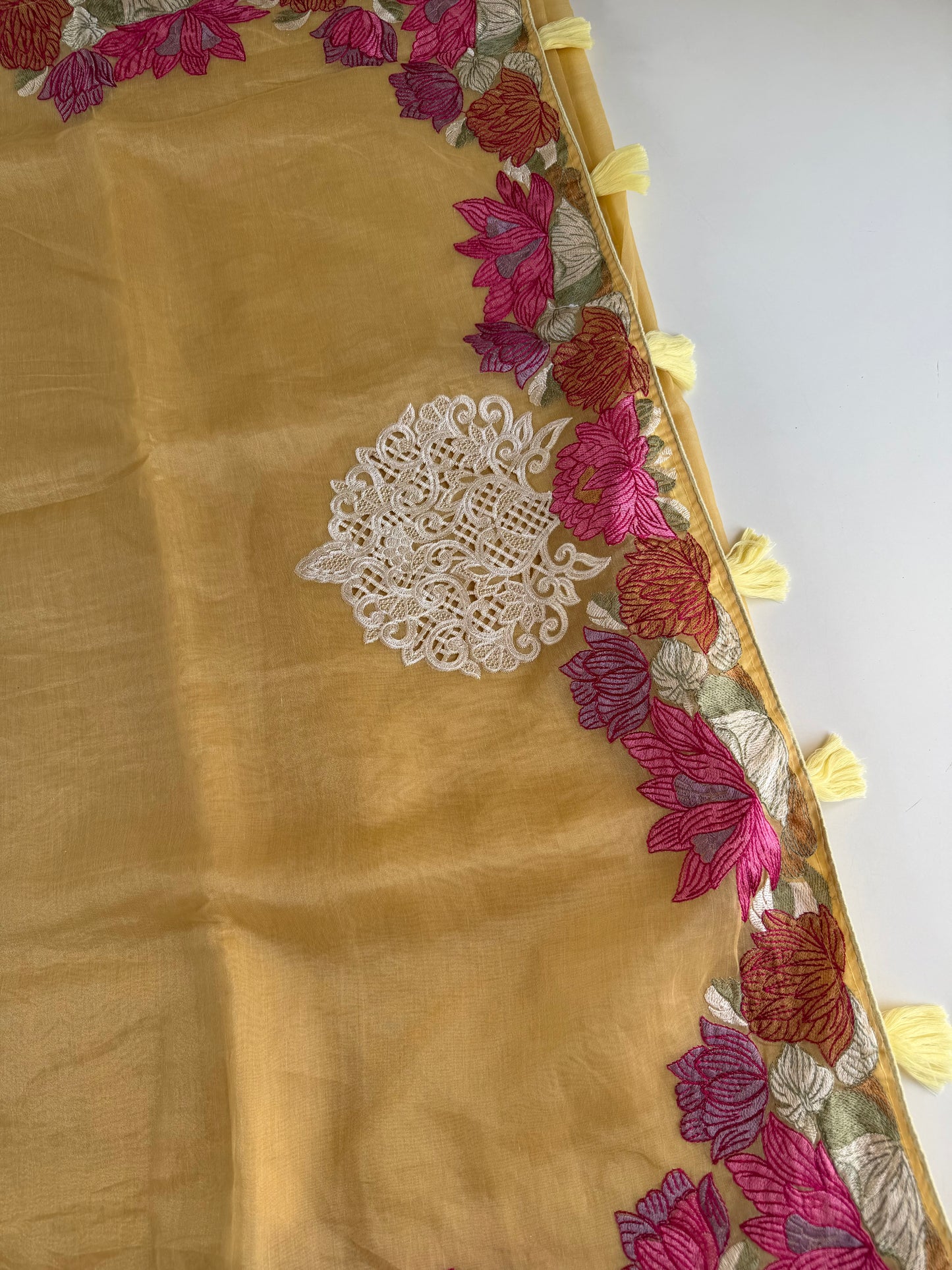 S020 - Soft organza appliqué embroidered saree in 3 colours