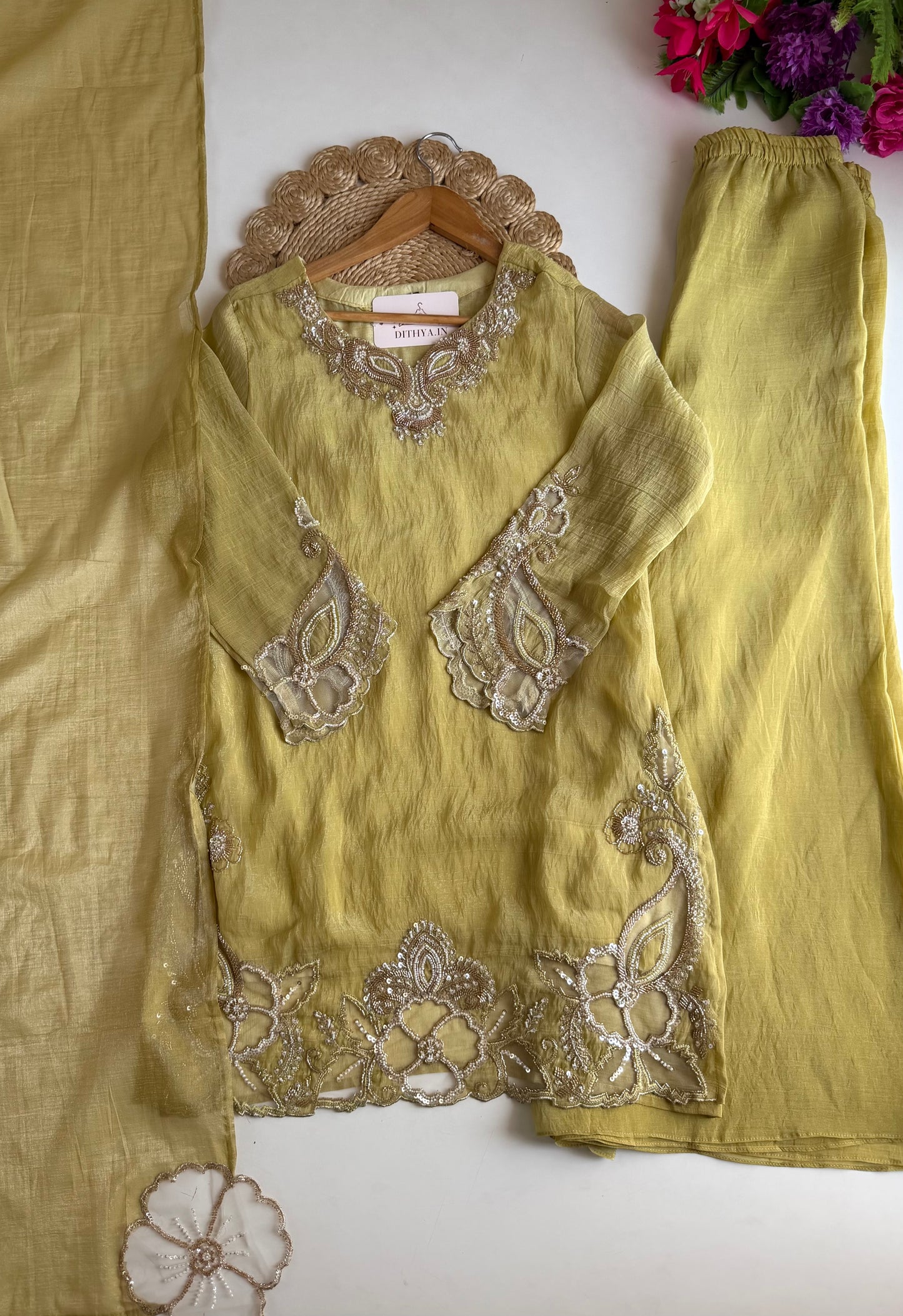 K021 - Crush tissue handwork short Kurti with divider pants and dupatta