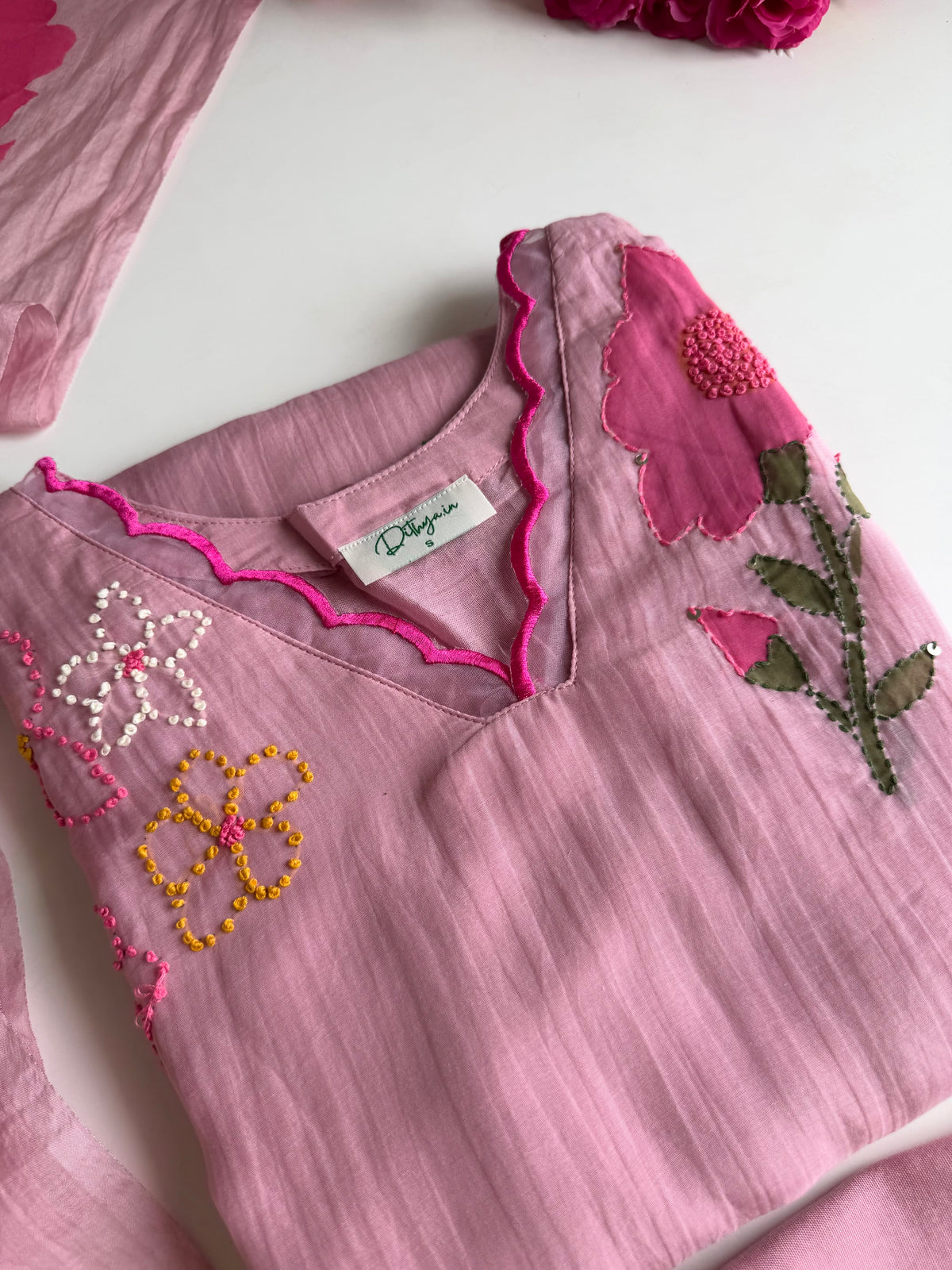 K262 - Mul chanderi hand painted embroidered Aline Kurti with pants and dupatta