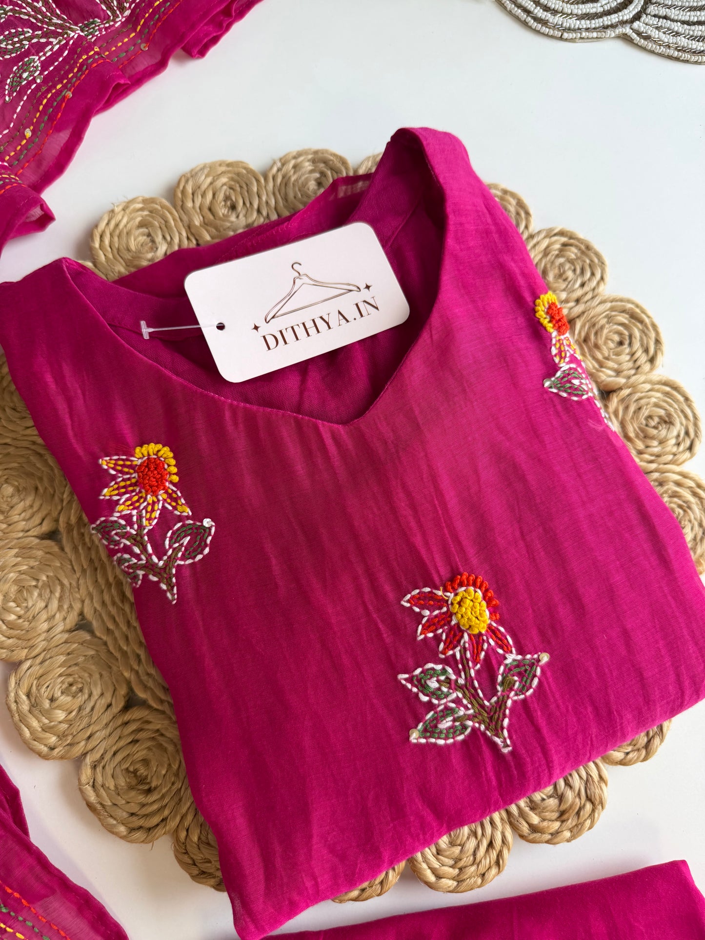 K437 - Mul chanderi Embroidered Aline Kurti with pants and dupatta