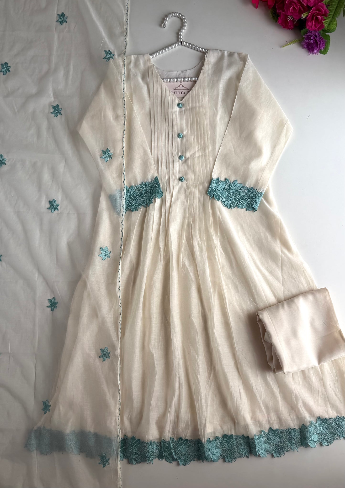 K622 - Mul chanderi appliqué embroidered Anarkali with pants and dupatta