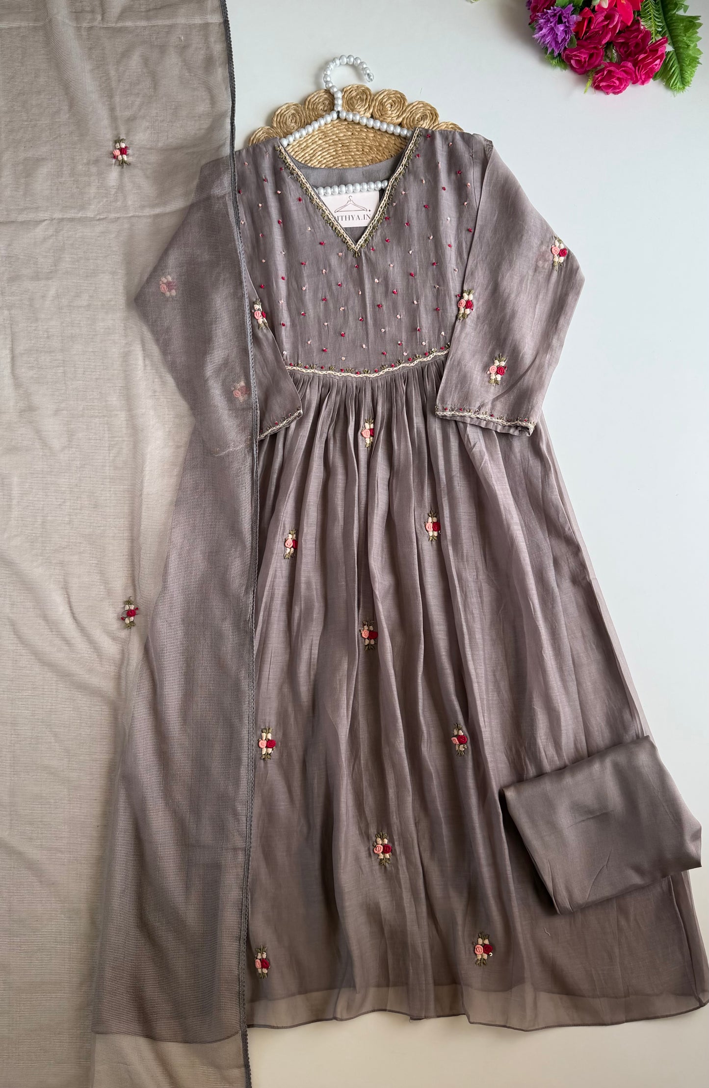 K562 - Mul chanderi embroidered Anarkali with pants and dupatta
