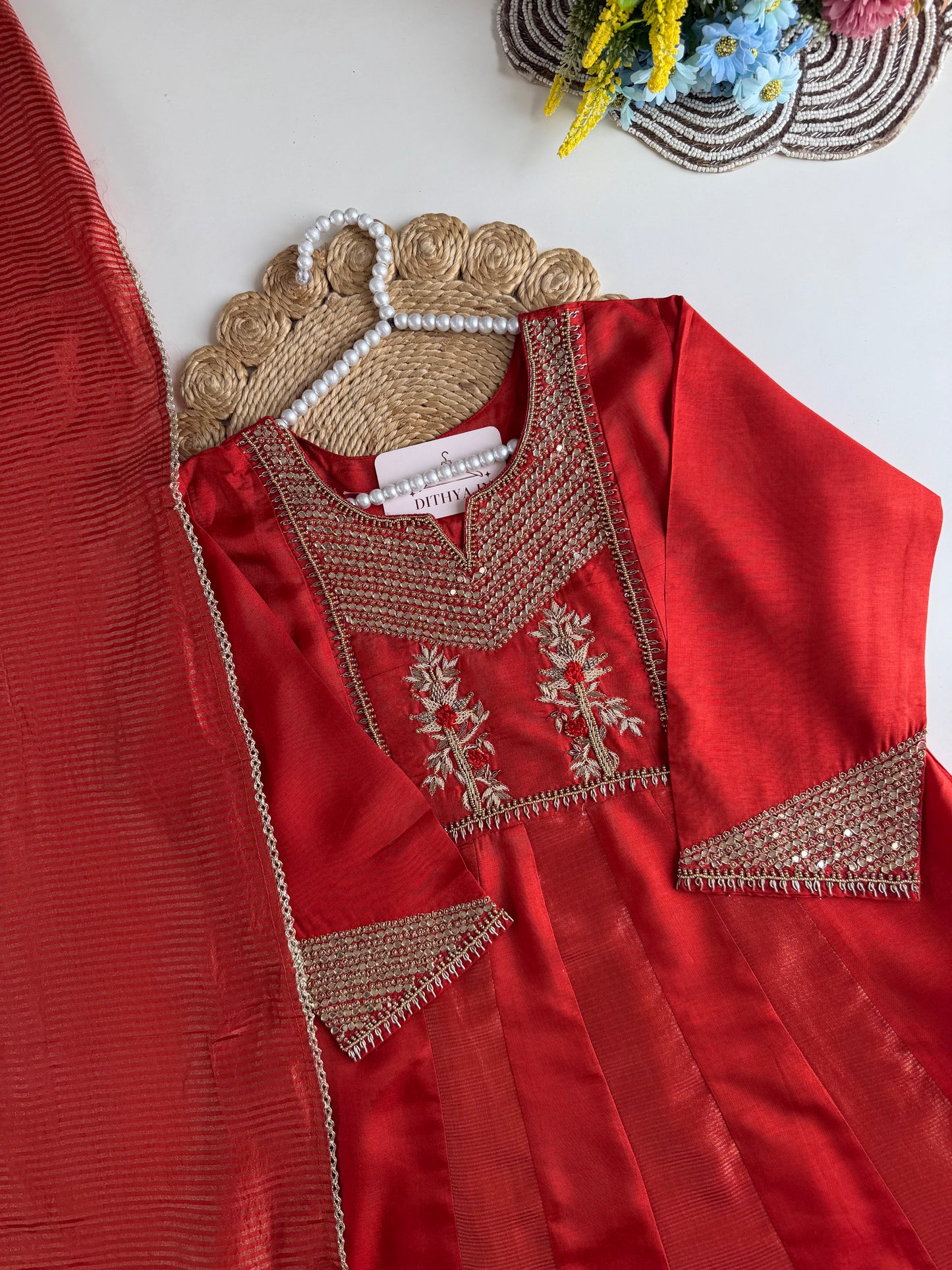 K086 - Russian silk handwork Anarkali with pants and dupatta