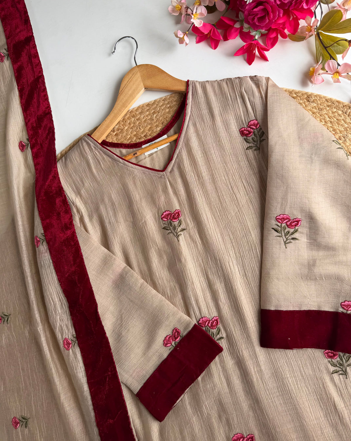 K083 - Crushed Mul cotton embroidered Aline Kurti with pants and dupatta