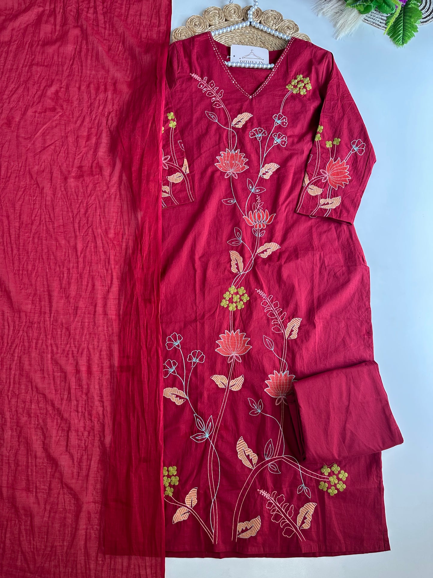 K592 - Cotton embroidered straight Kurti with pants and dupatta in 2 colours