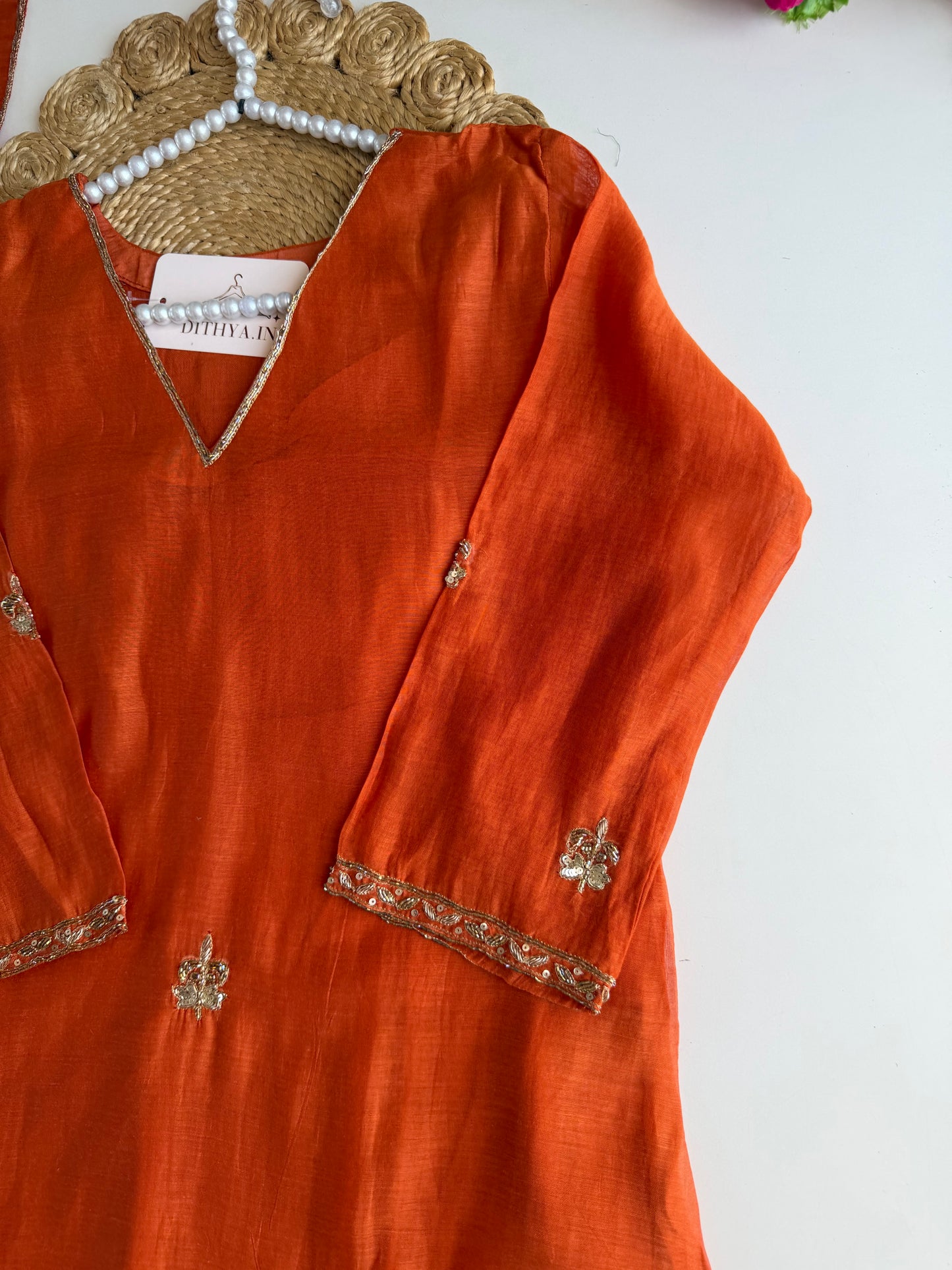 K260 - Mul chanderi handwork Aline Kurti with pants and dupatta