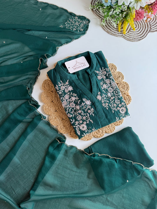 K481 - Mul chanderi handwork aline Kurti with pants and dupatta