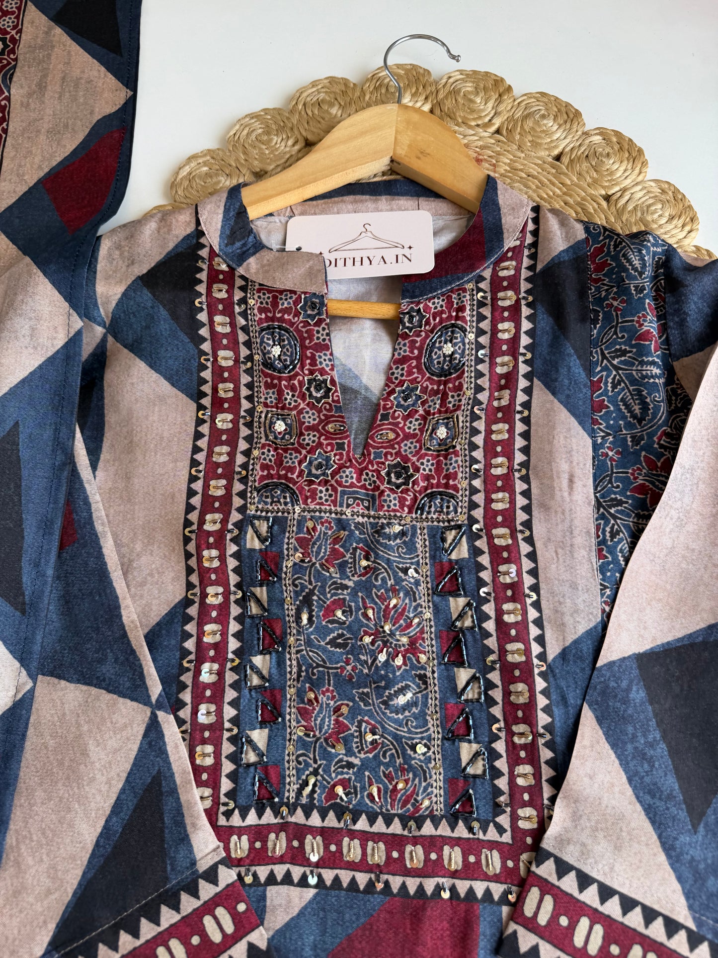 K413 - Pure muslin ajrakh Aline Kurti with pants and dupatta