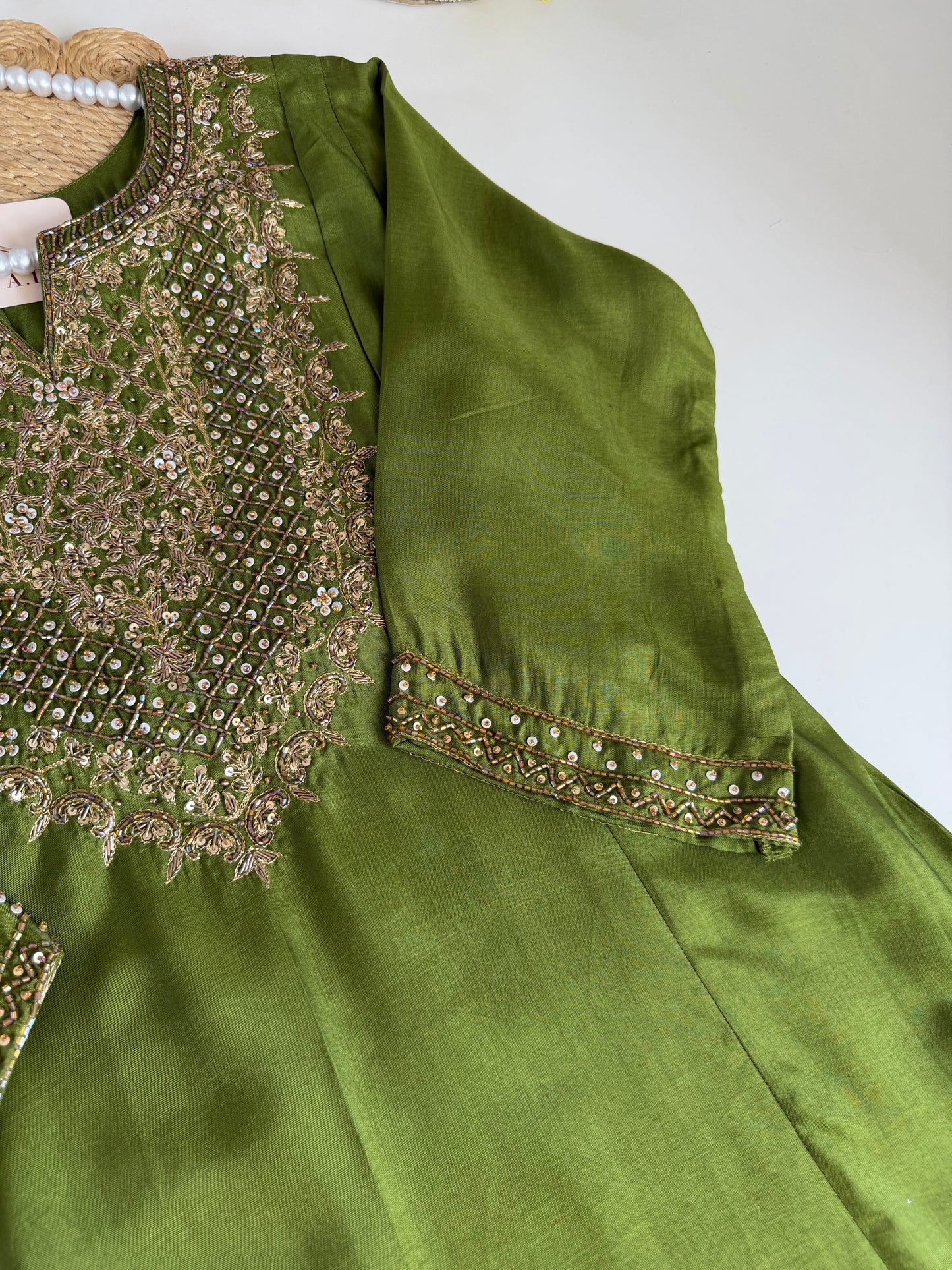 K675 - Russian silk handwork aline kurti with pants and dupatta