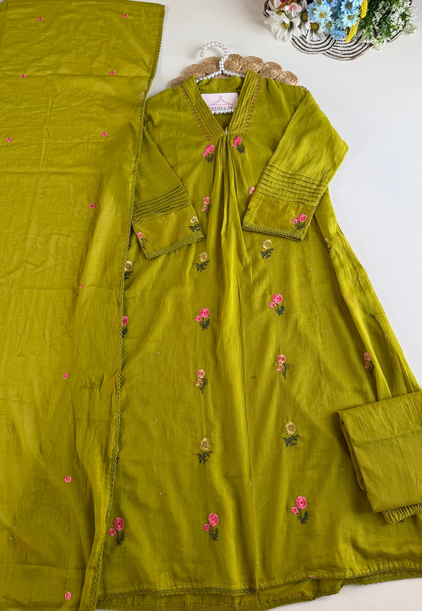 K630 - Mul cotton embroidered Aline Kurti with pants and dupatta