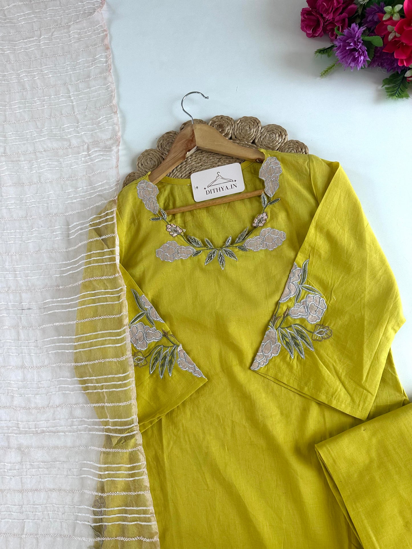 K271 - Mul cotton embroidered straight Kurti with pants and dupatta