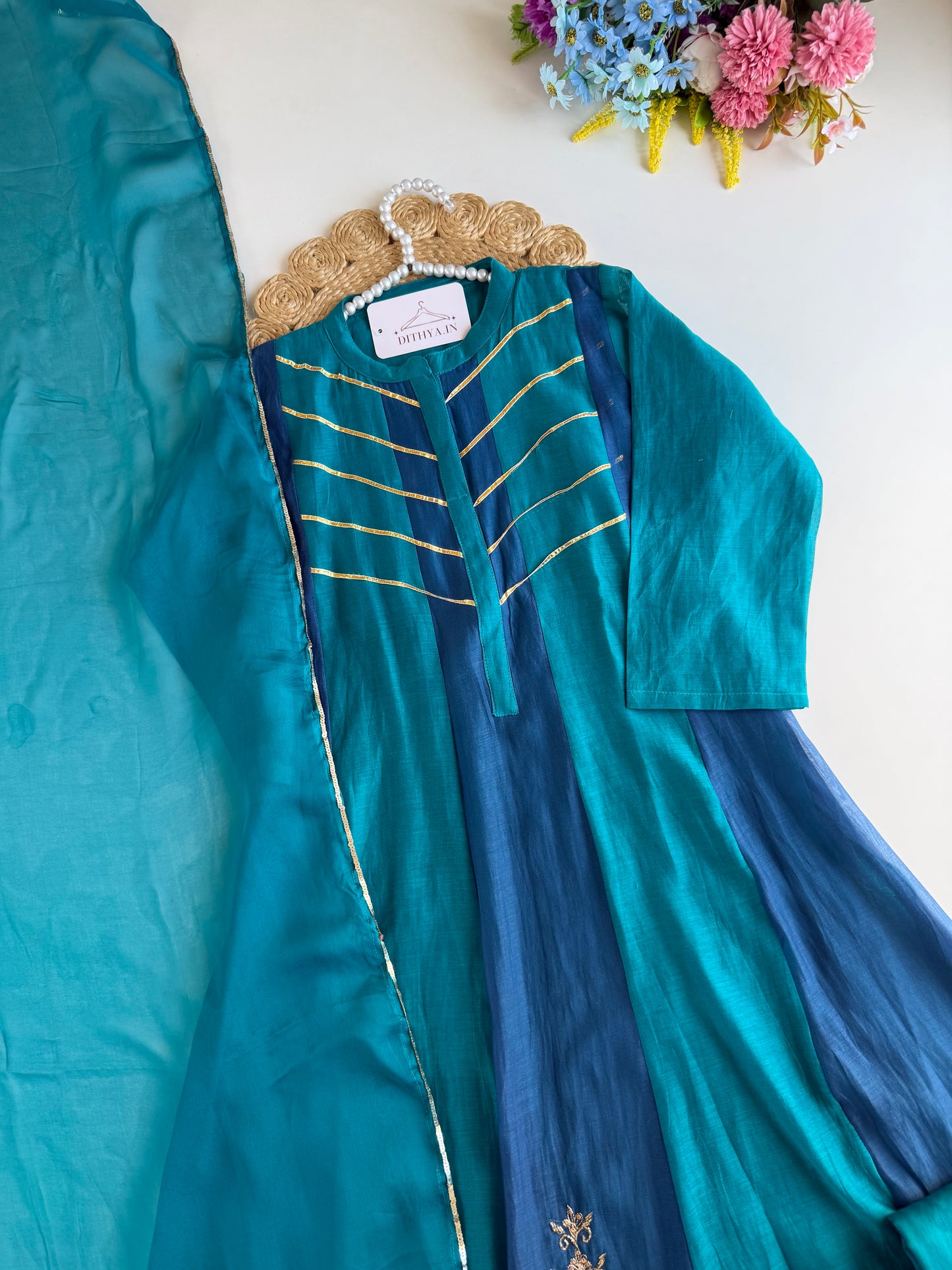 K704 - Mul chanderi handwork Anarkali with pants and dupatta