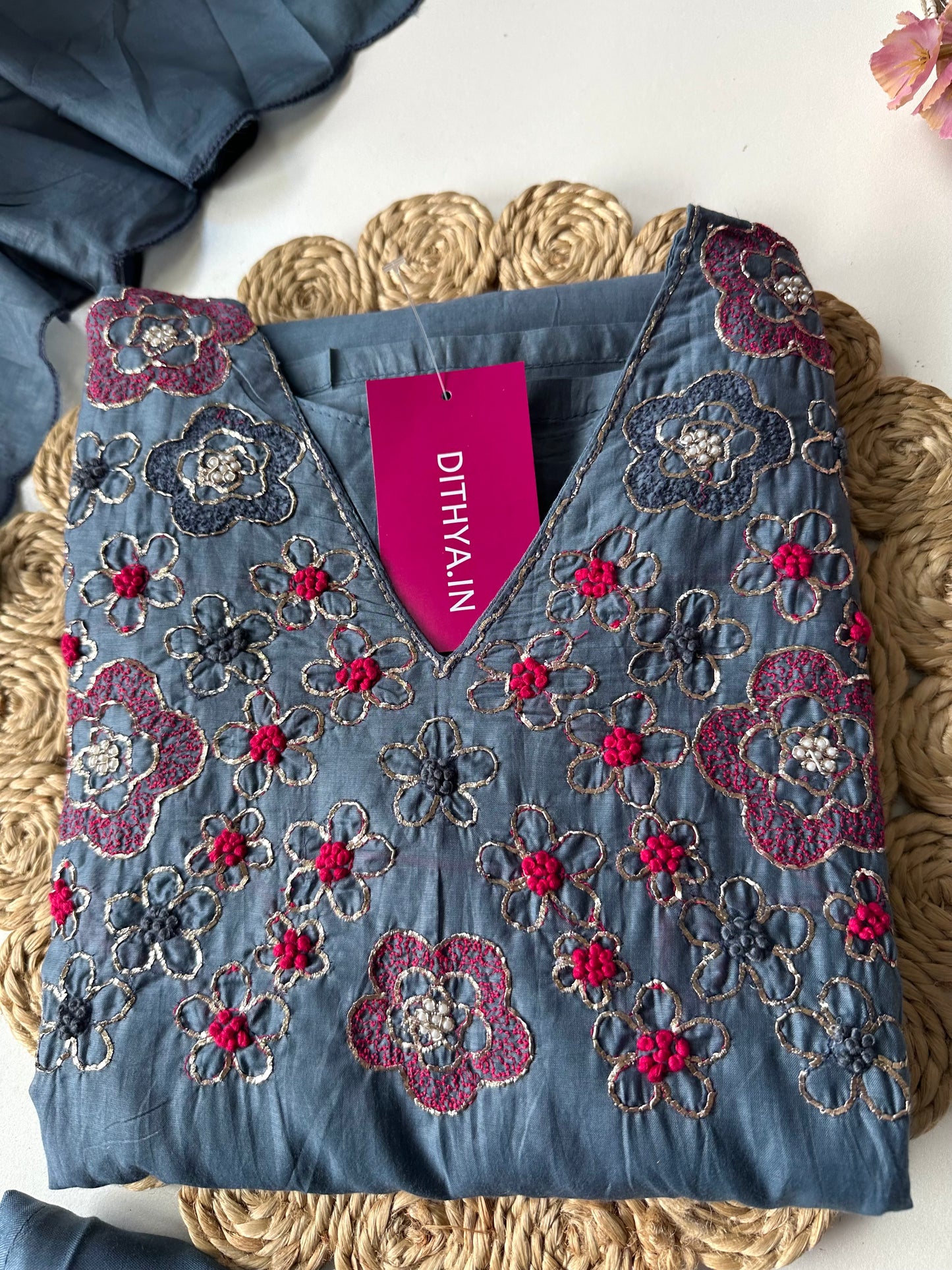 K375 -Mul Chanderi handwork Aline Kurti with pants and dupatta