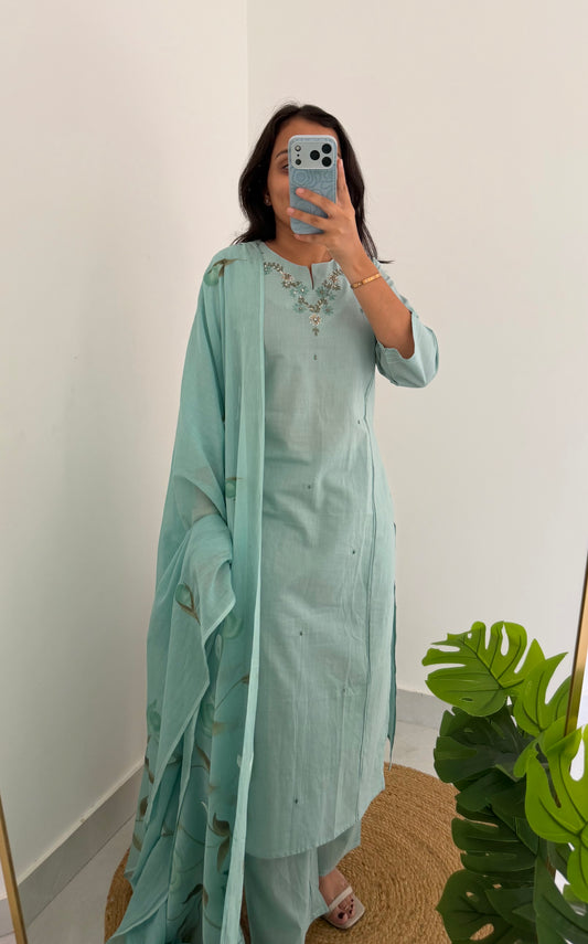 K624 - Mul cotton embroidered straight Kurti with pants and hand painted dupatta