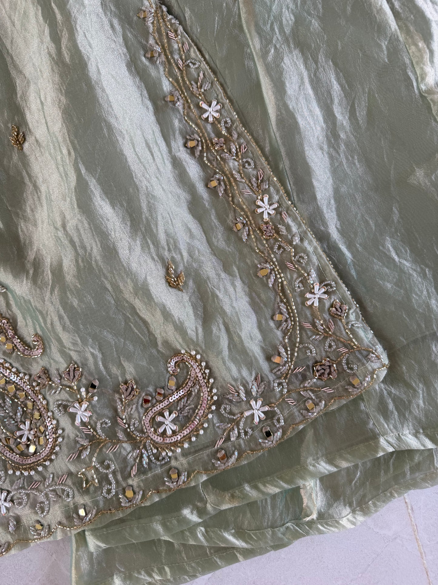 K494 - Tissue silk handwork short Kurti with divider pants and dupatta