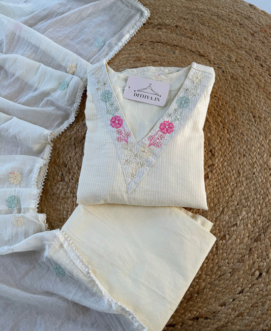 K491 - Mul cotton appliqué work aline Kurti with pants and dupatta