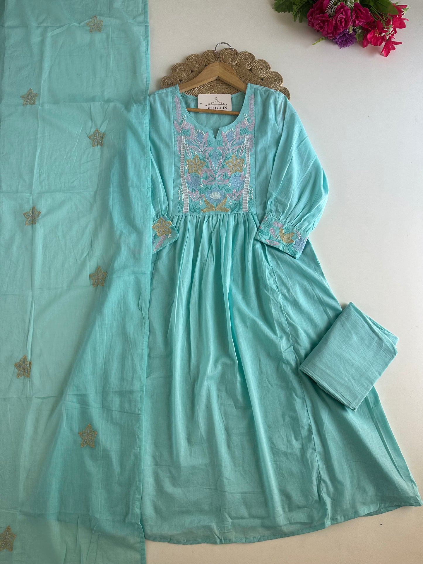 K076 - Mul cotton embroidered Anarkali with pants and dupatta