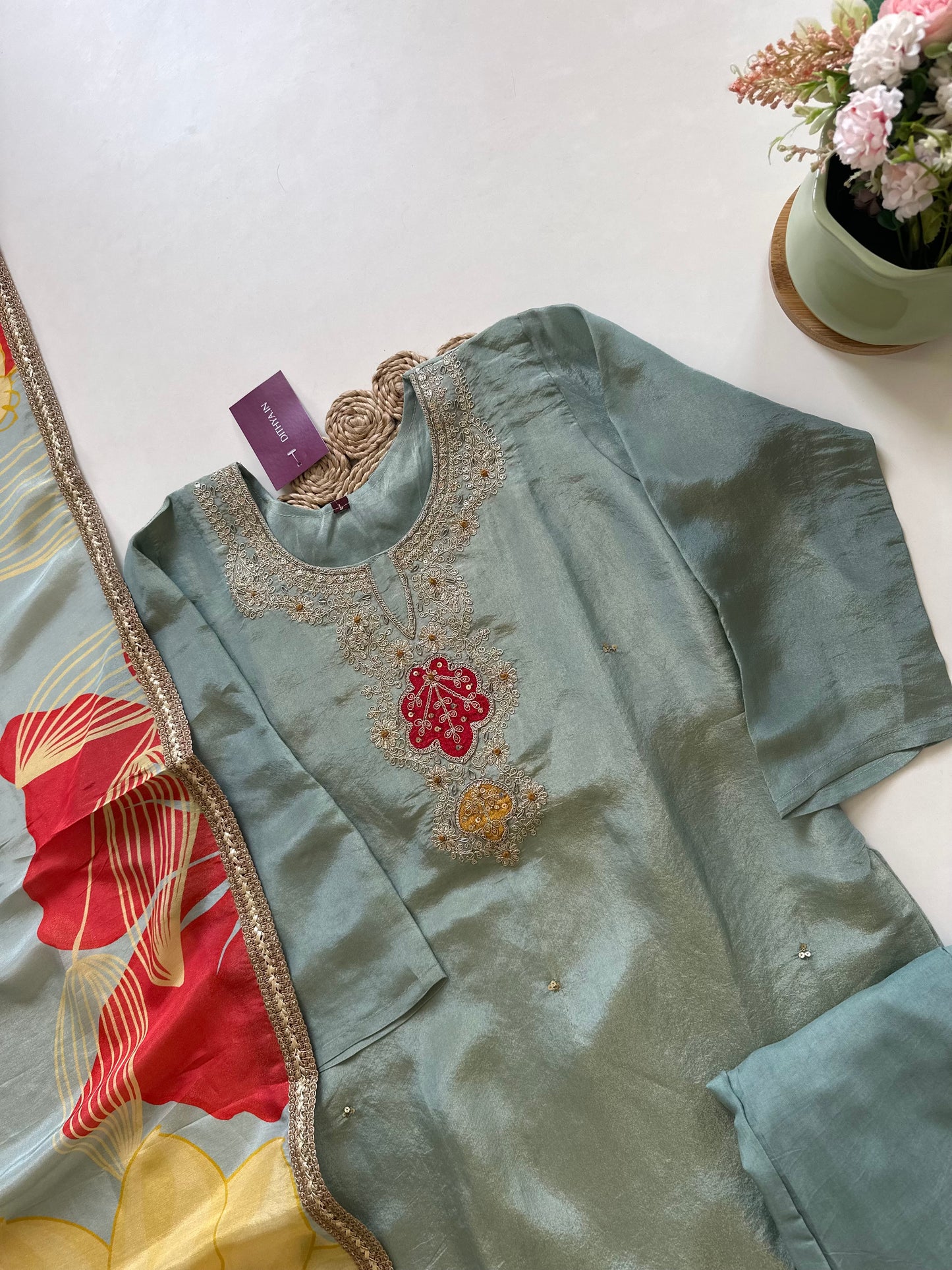 K201 - Tissue silk Zari work straight kurti with pants and dupatta .