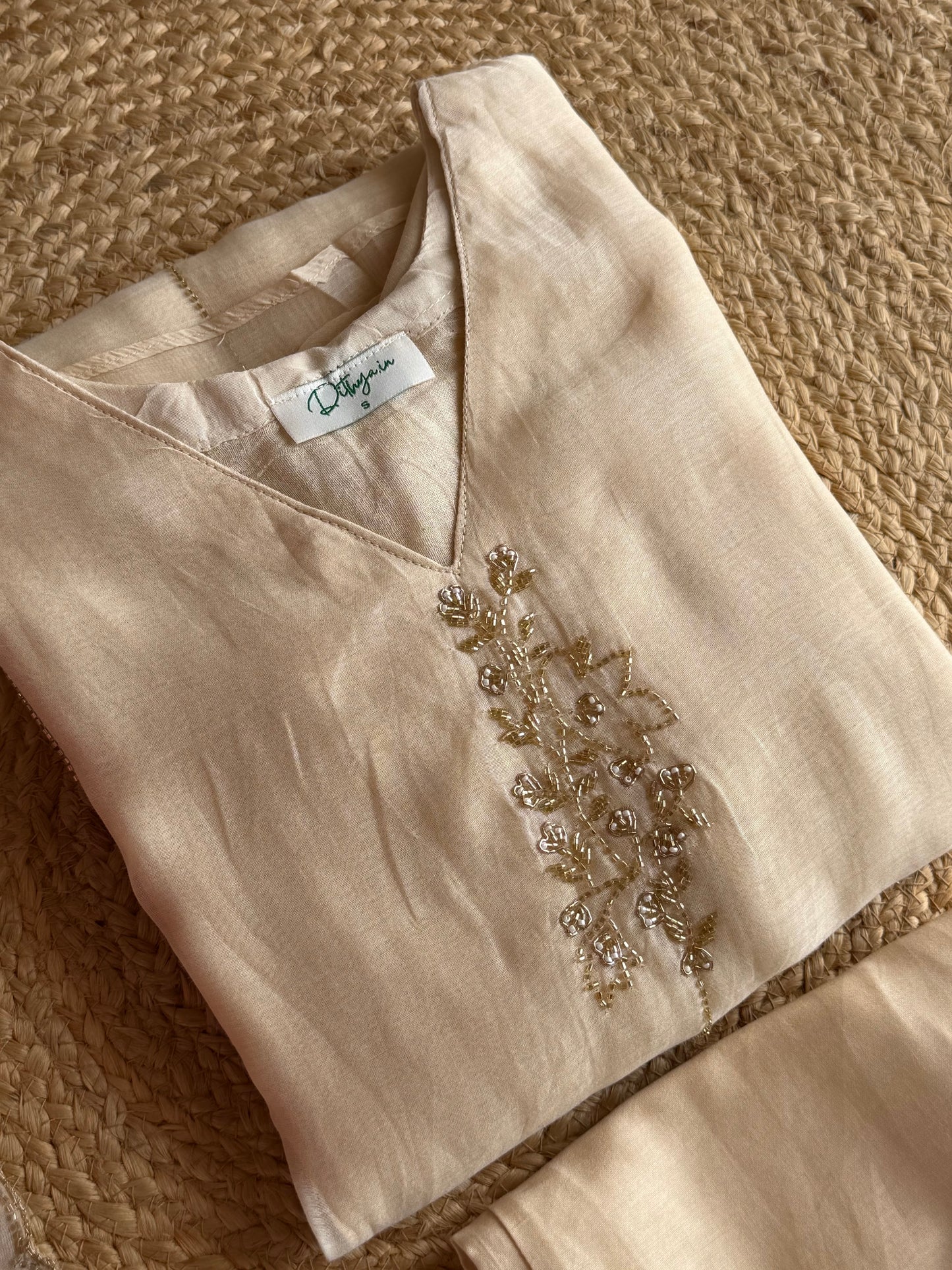 K145 - Mul chanderi handwork aline Kurti with pants and dupatta