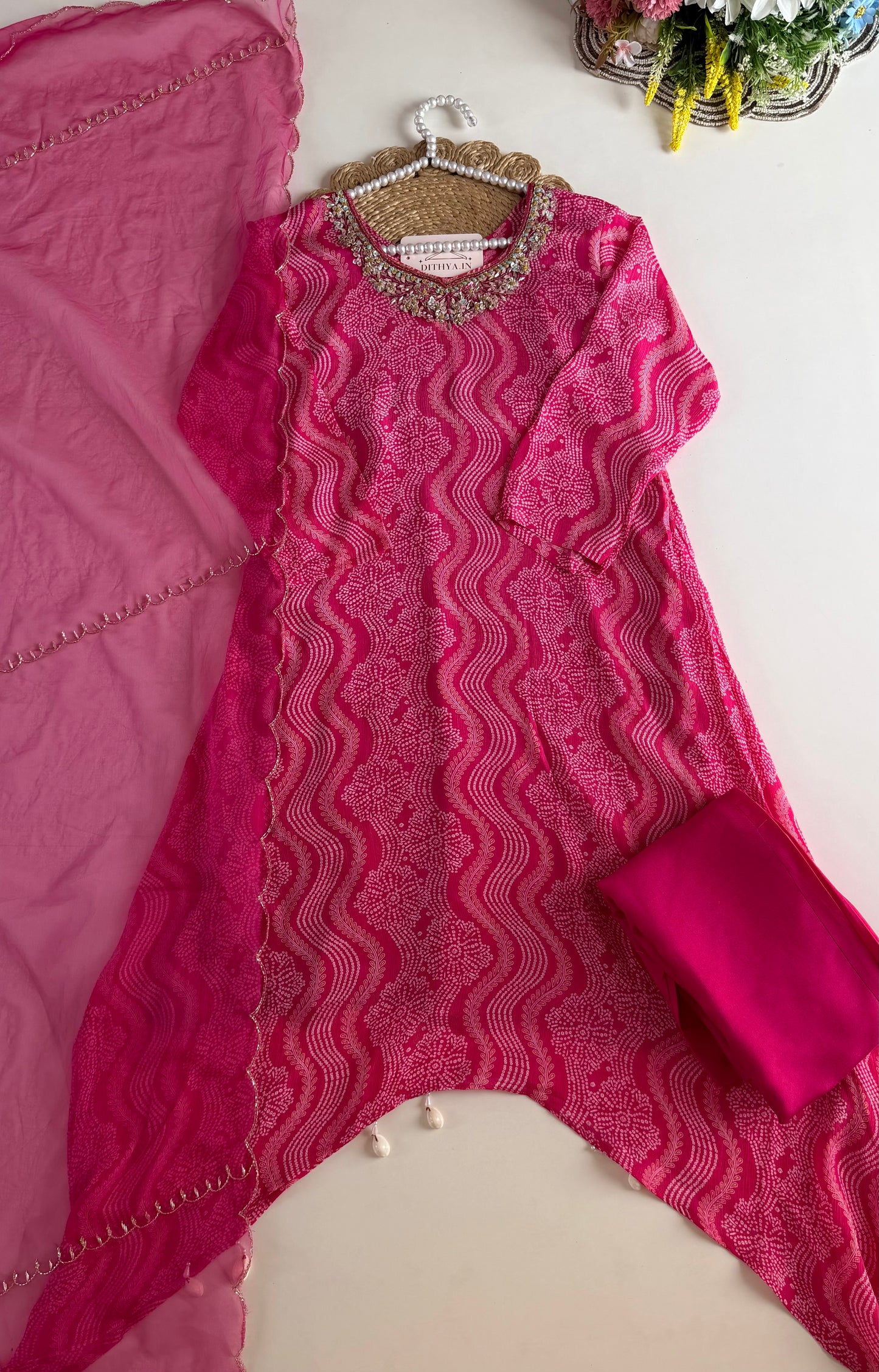 K063 - Pure Chinnon Bandhini handwork aline Kurti with pants and dupatta