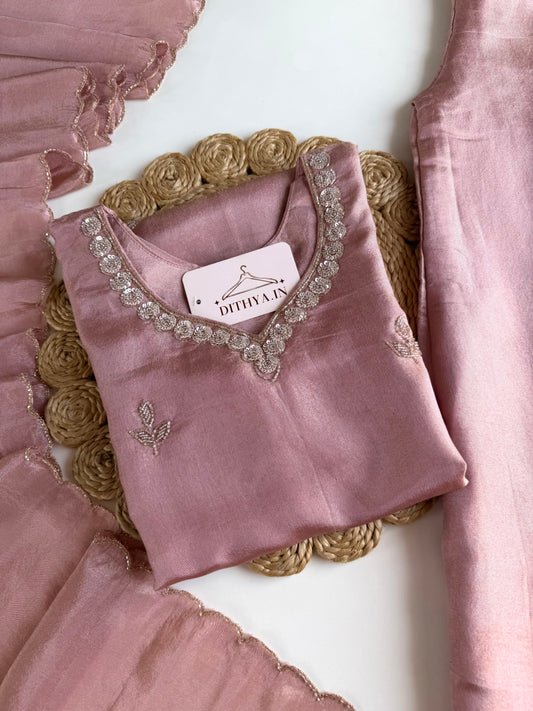 K203 - Tissue silk handwork short Kurti with divider pants and dupatta