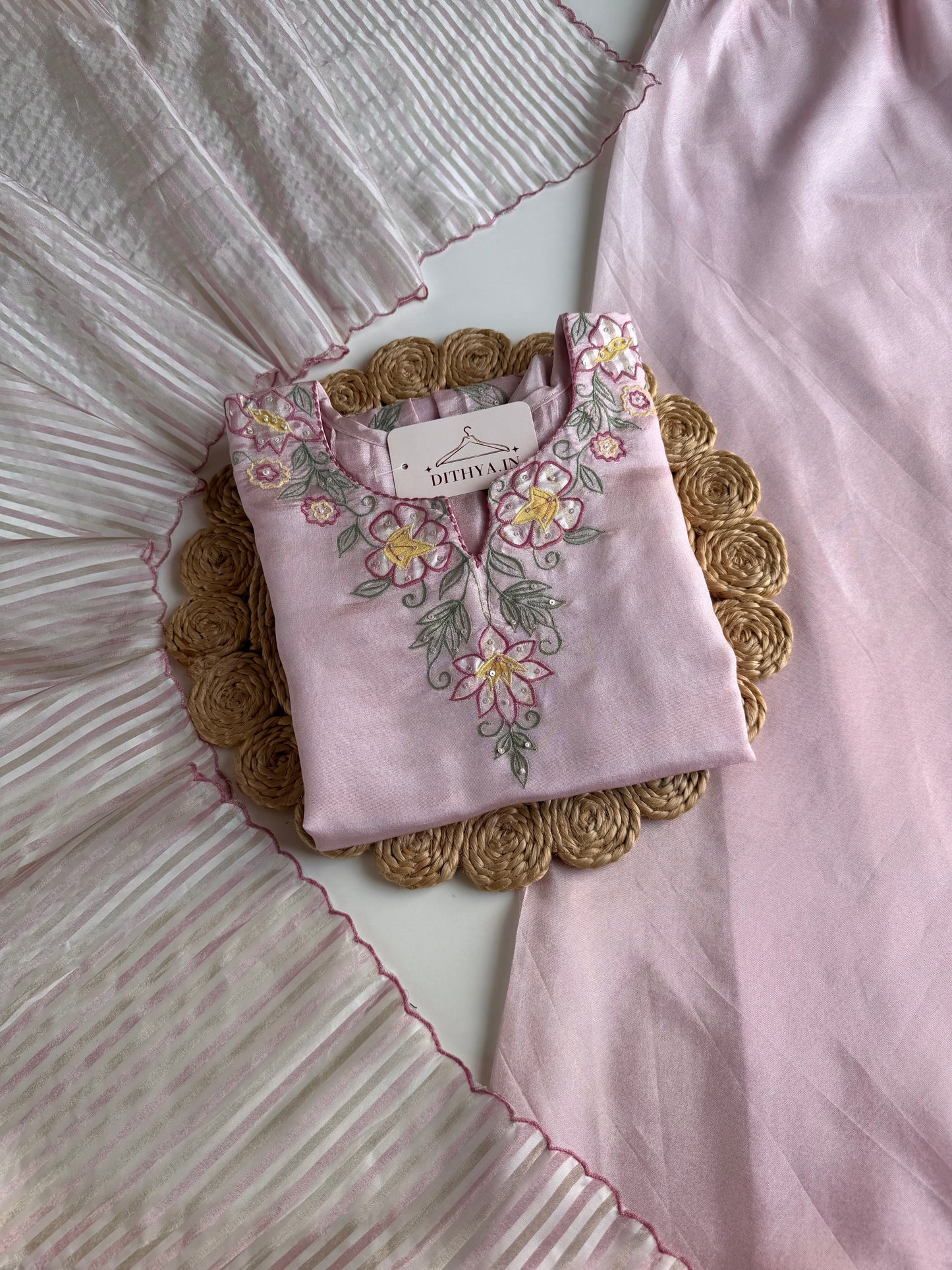 K548 - Tissue silk appliqué handwork short Kurti with divider pants and dupatta