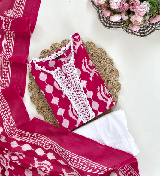 K111 - Cotton embroidered straight Kurti with pants and dupatta