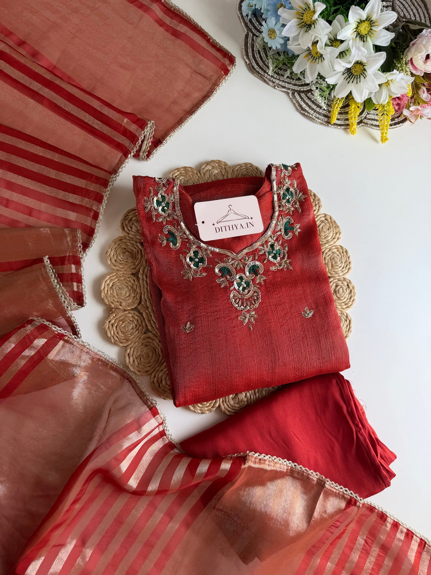 K491 - Tissue silk handwork aline Kurti with pants and dupatta