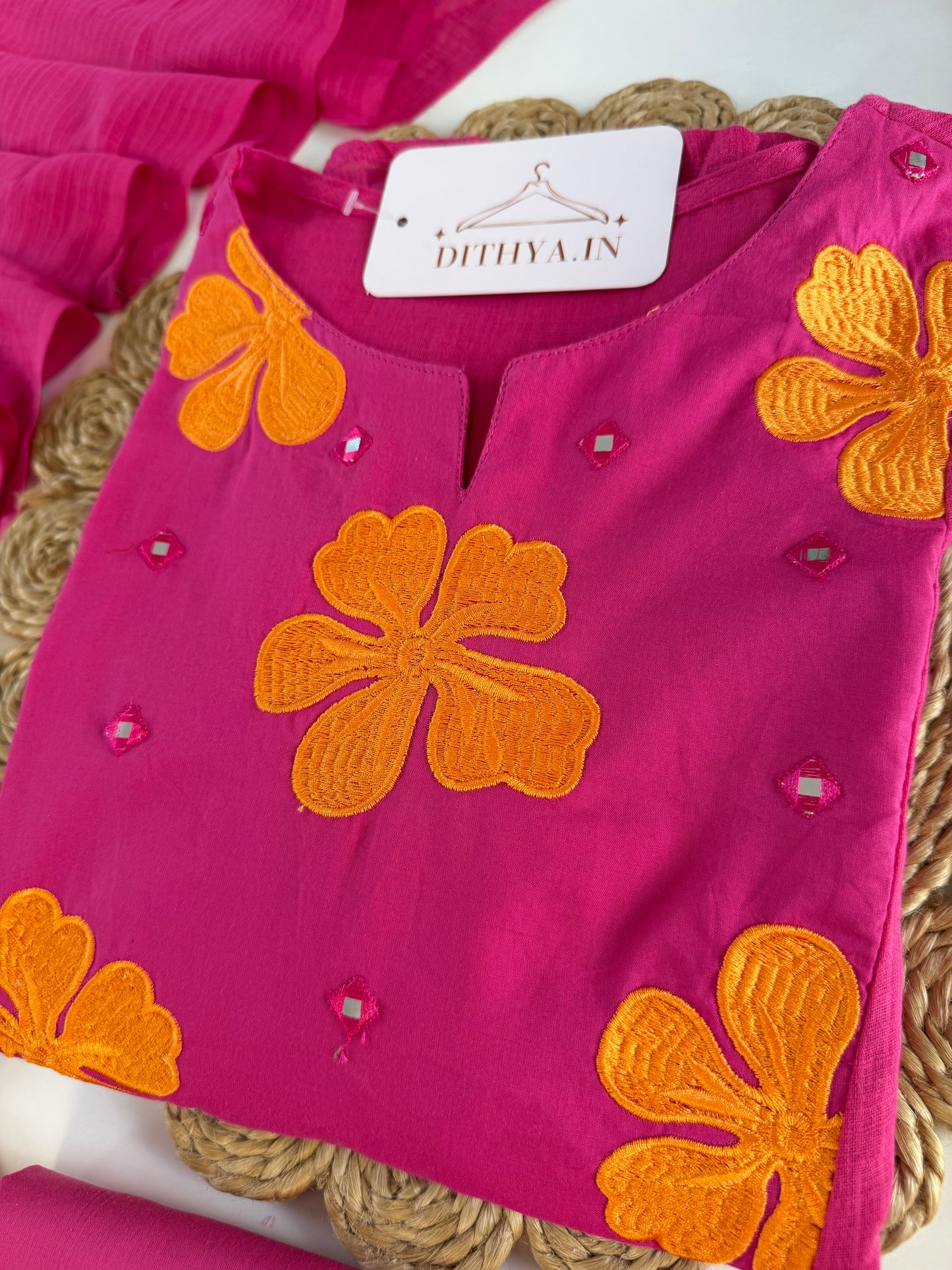 K634 - Mul cotton embroidered Aline Kurti with pants and dupatta