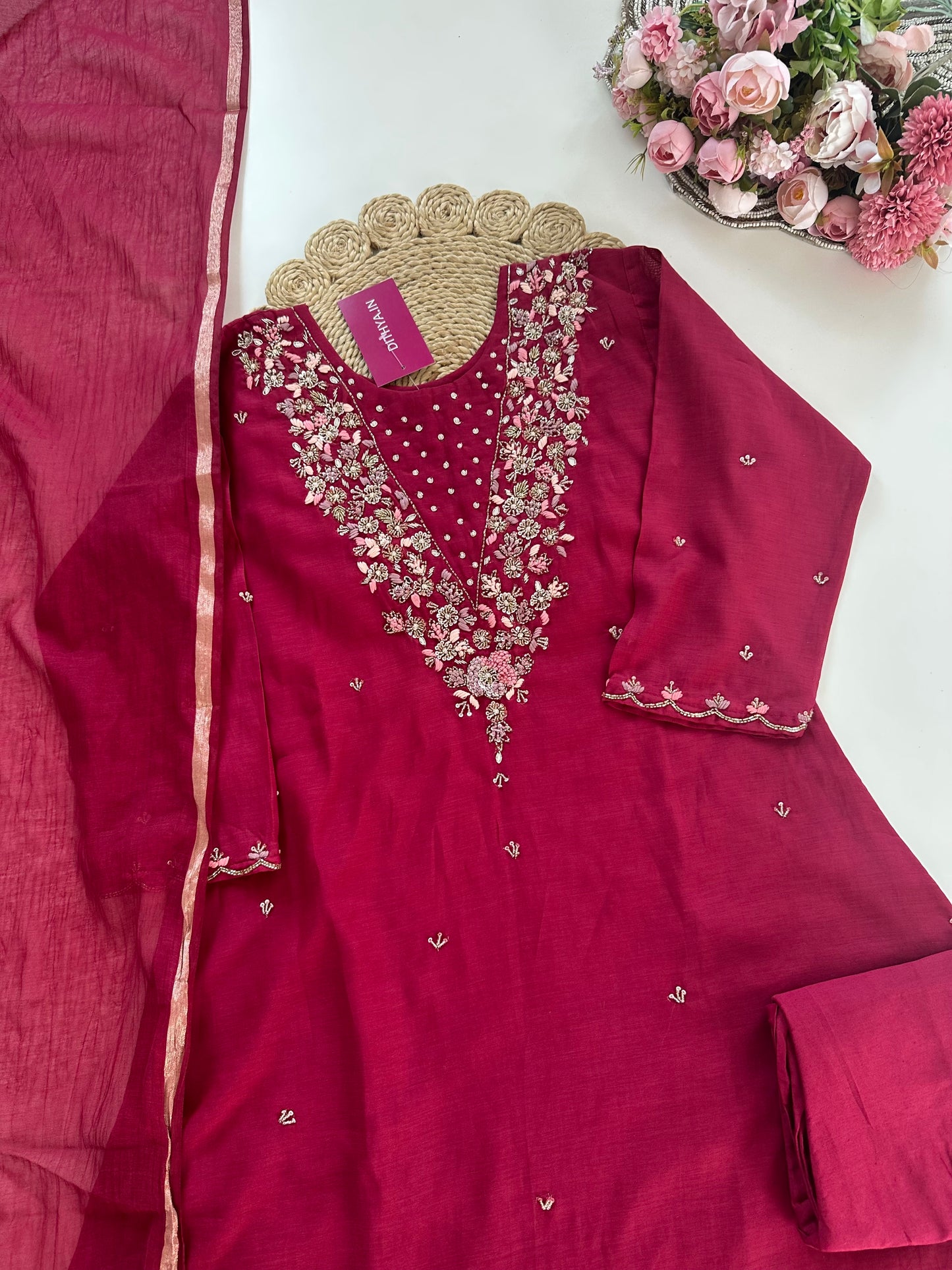 K021 - Mul Chanderi handwork Aline Kurti with pants and dupatta