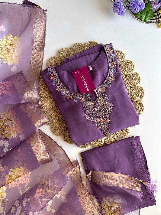 K154 - Roman silk handwork straight Kurti with pants and dupatta