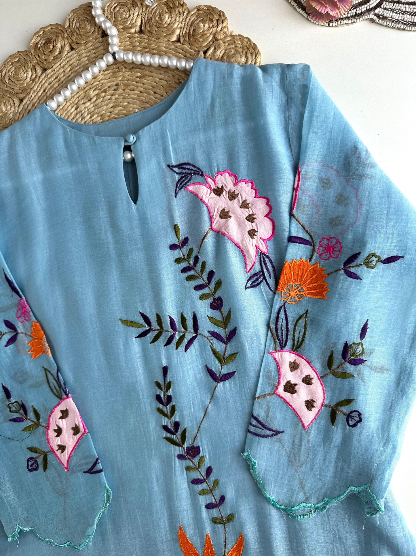 K367 - Mul Chanderi appliqué work Aline Kurti with pants and dupatta