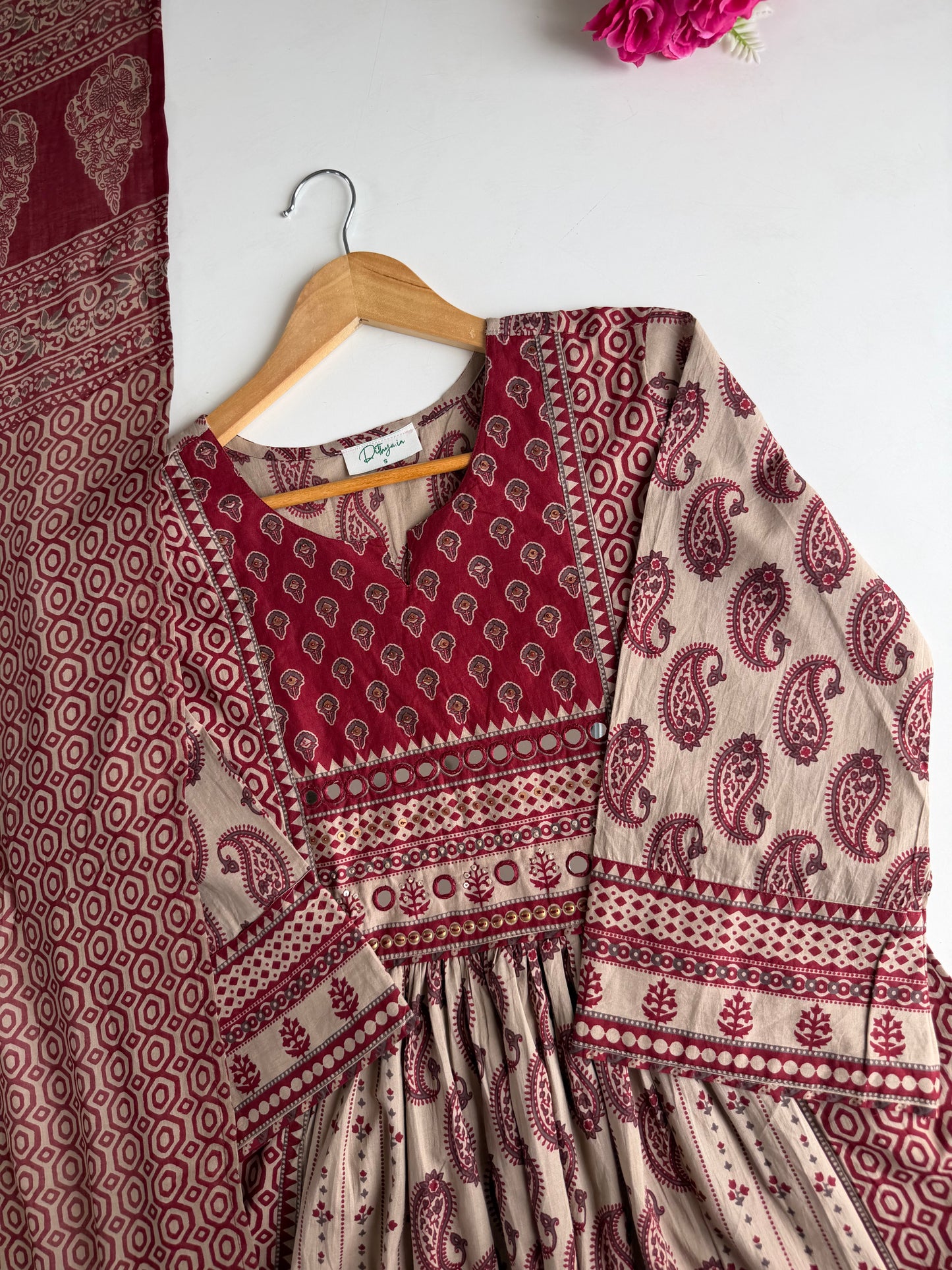 K172 - Mul cotton mirror embroidered Anarkali with pants and dupatta