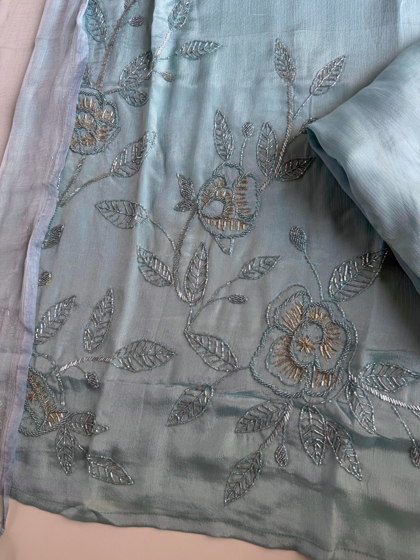K457 - Pure Chinnon handwork straight Kurti with pants and dupatta