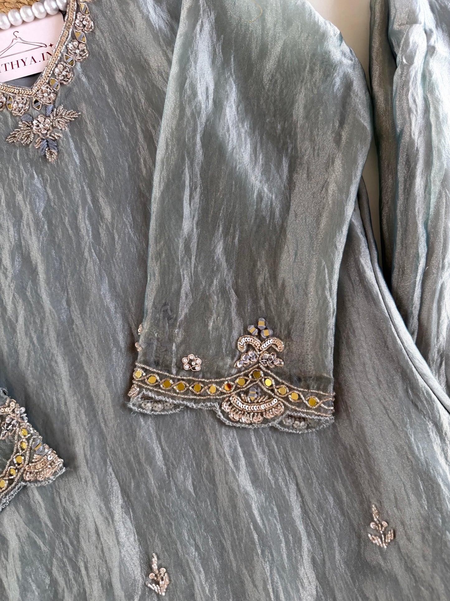 K646 - Glass tissue silk handwork short Kurti with divider pants and dupatta