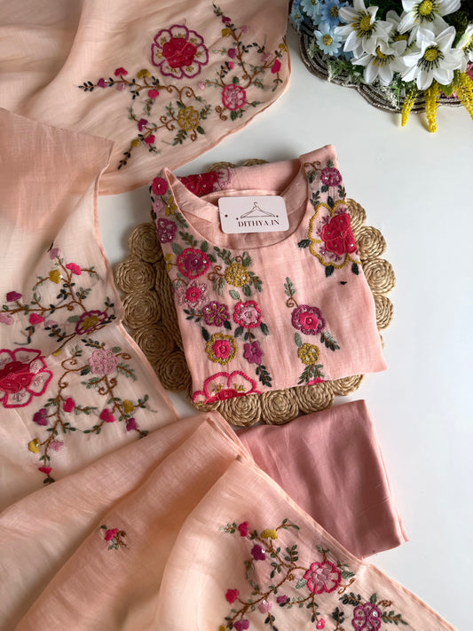 K558 - Mul chanderi embroidered Aline Kurti with pants and dupatta