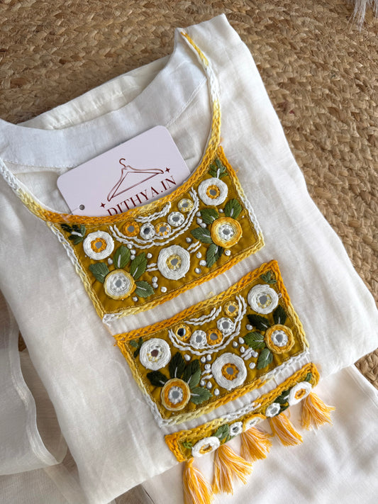 K504 - Mul chanderi embroidered straight Kurti with pants and dupatta