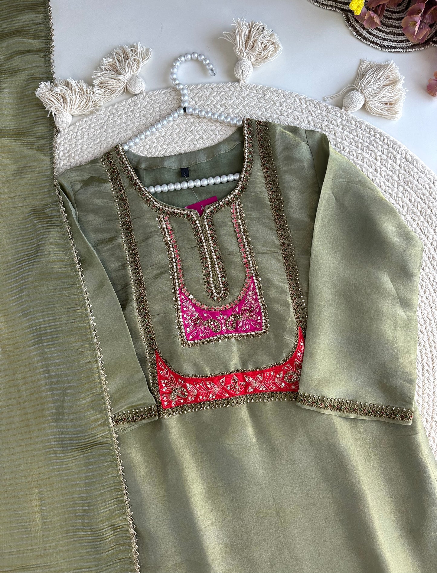 K421 - Tissue silk handwork straight Kurti with pants and dupatta in 2 colours