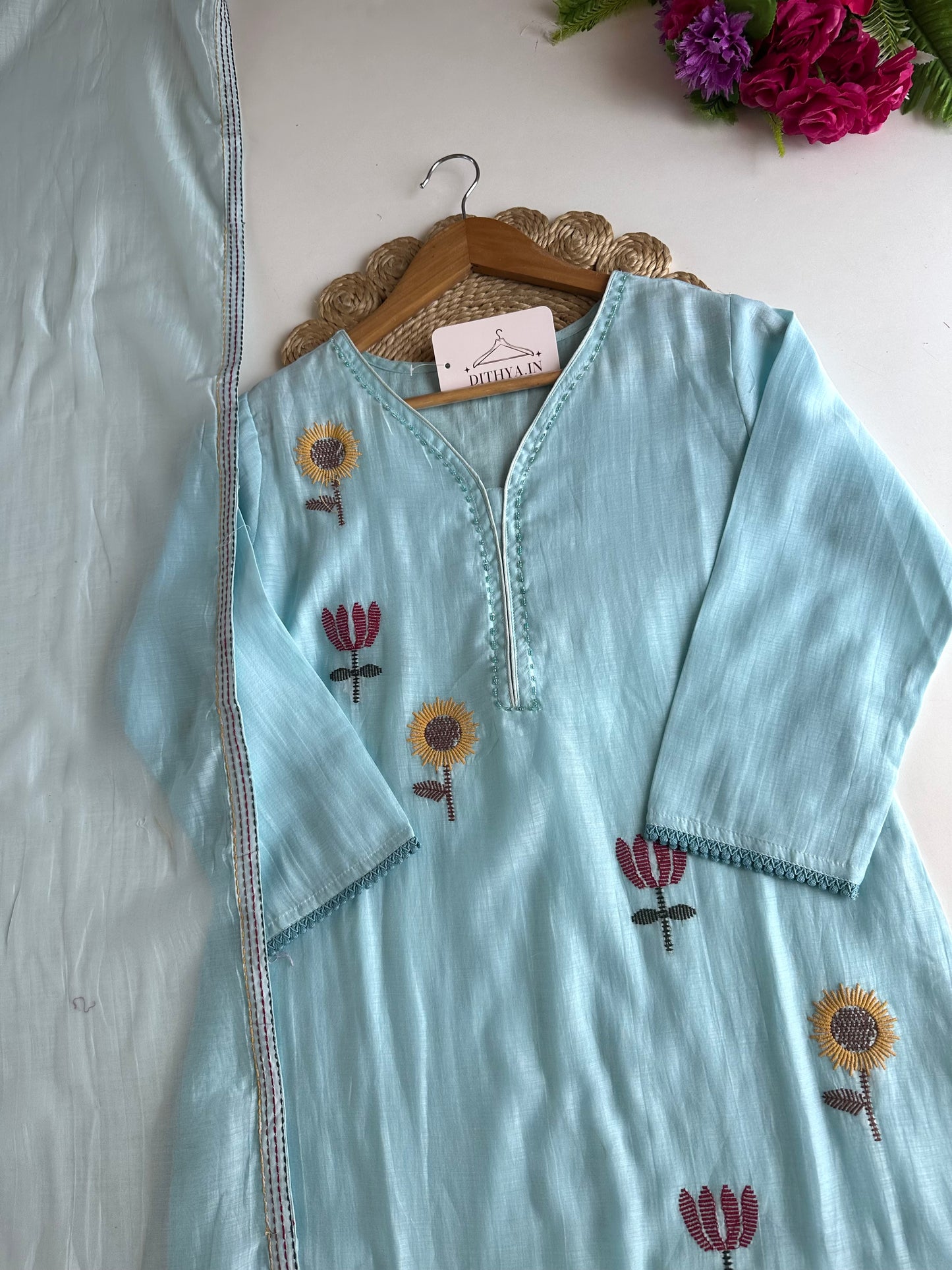 K473 - Muslin cotton embroidered straight Kurti with pants and dupatta