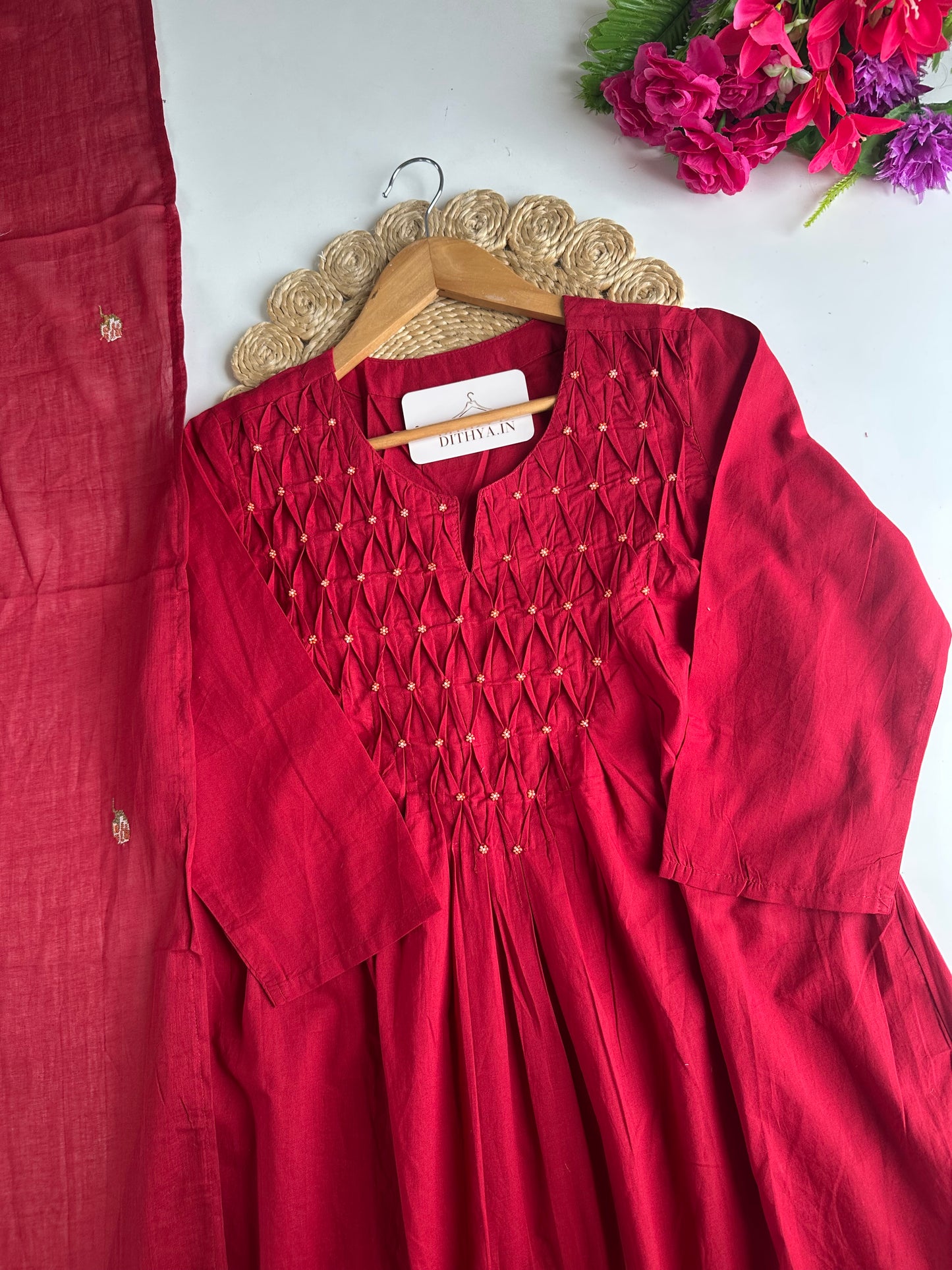 K733 - Mul cotton embroidered Anarkali with pants and dupatta