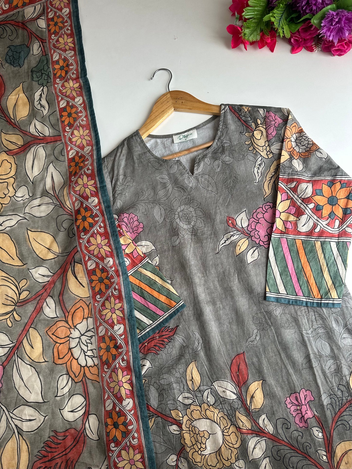 K403 - Mul cotton printed straight Kurti with pants and dupatta