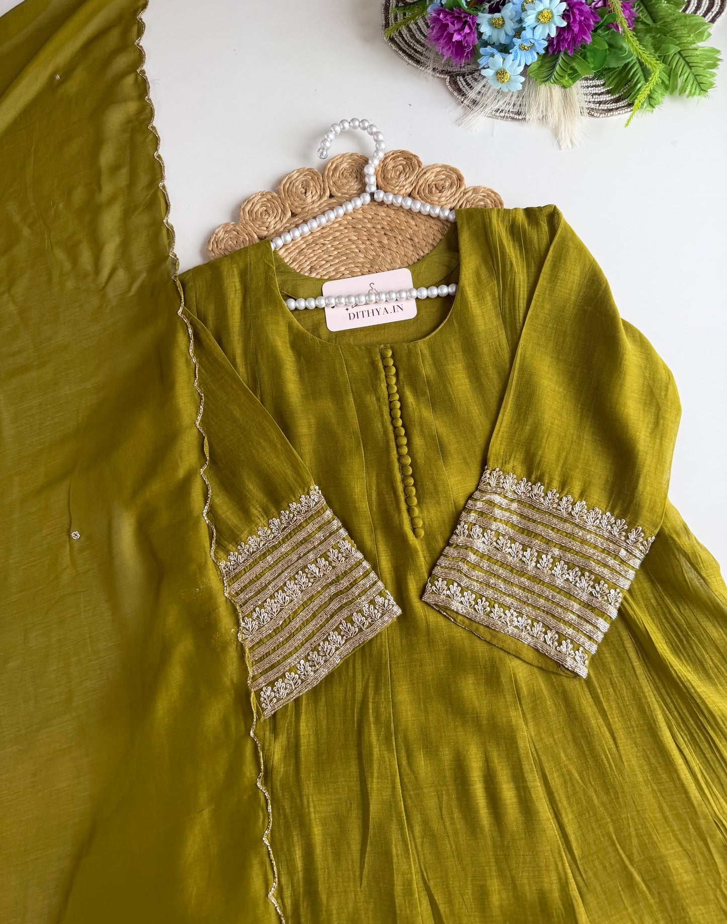 K002 - Mul chanderi handwork Anarkali with pants and dupatta