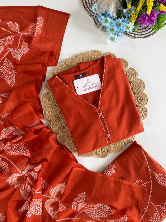 K594 - Cotton printed Aline Kurti with pants and dupatta