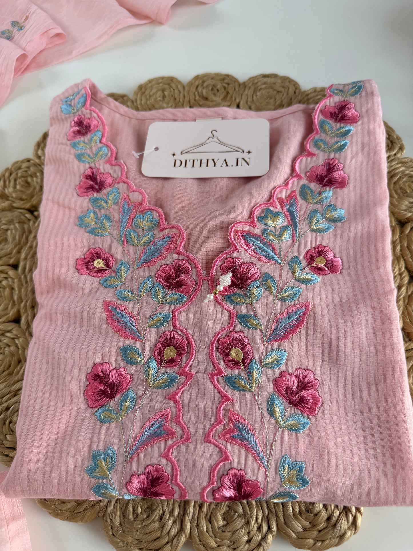 K622 - Mul cotton embroidered straight Kurti with pants and dupatta