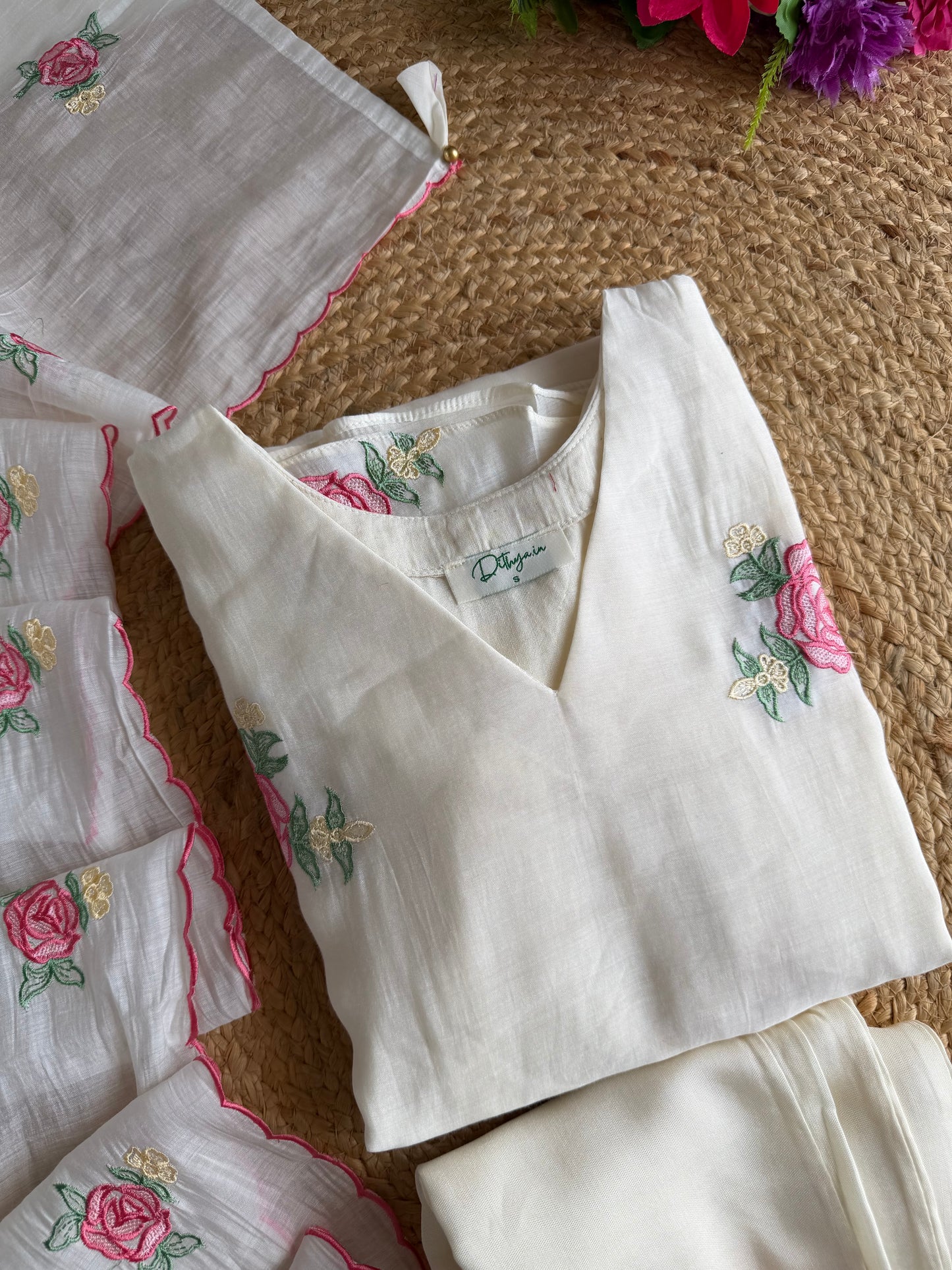 K429 - Surat Mul chanderi embroidered Aline Kurti with pants and dupatta