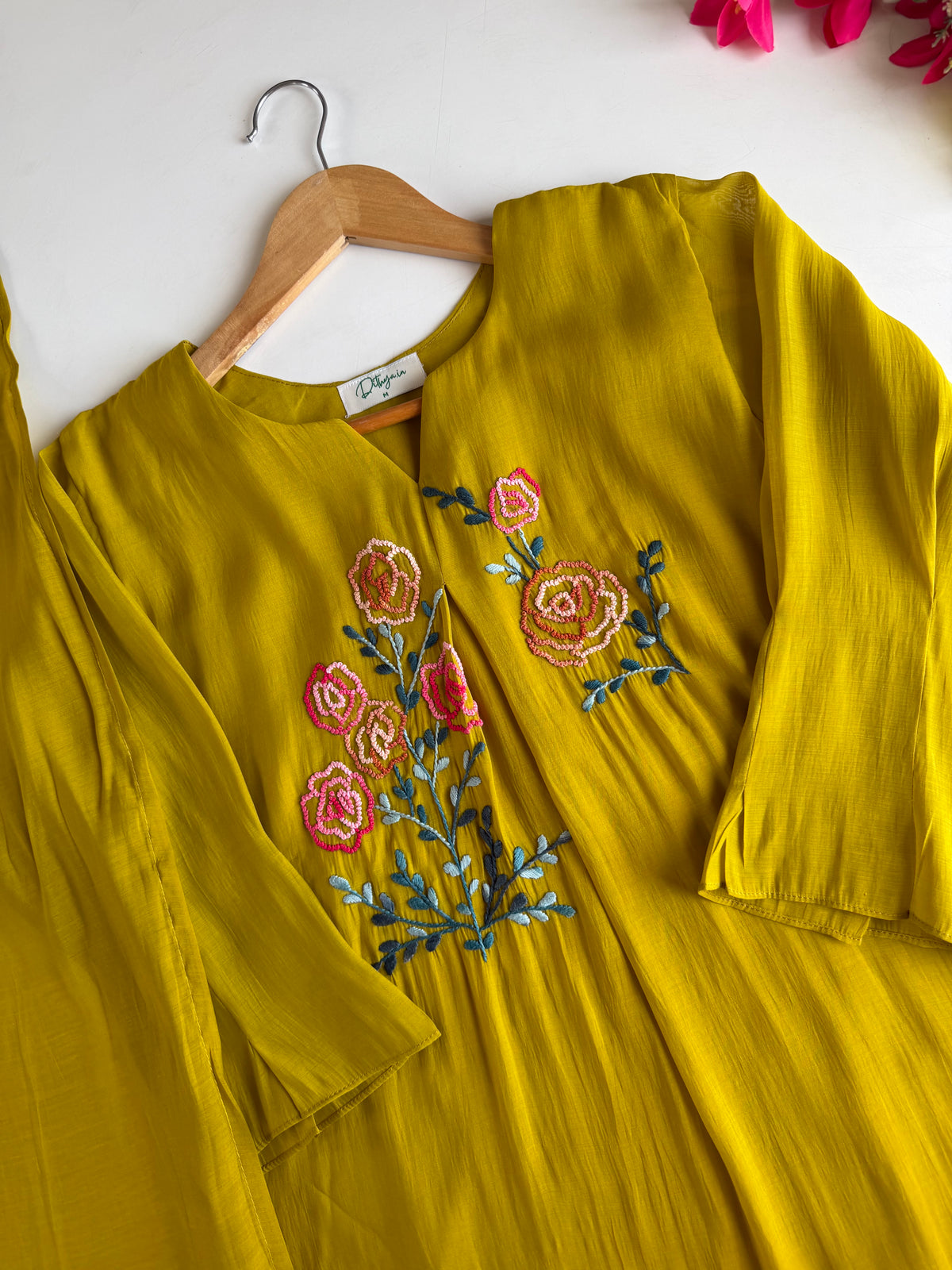 K297 - Surat Mul chanderi embroidered Aline Kurti with pants and dupatta