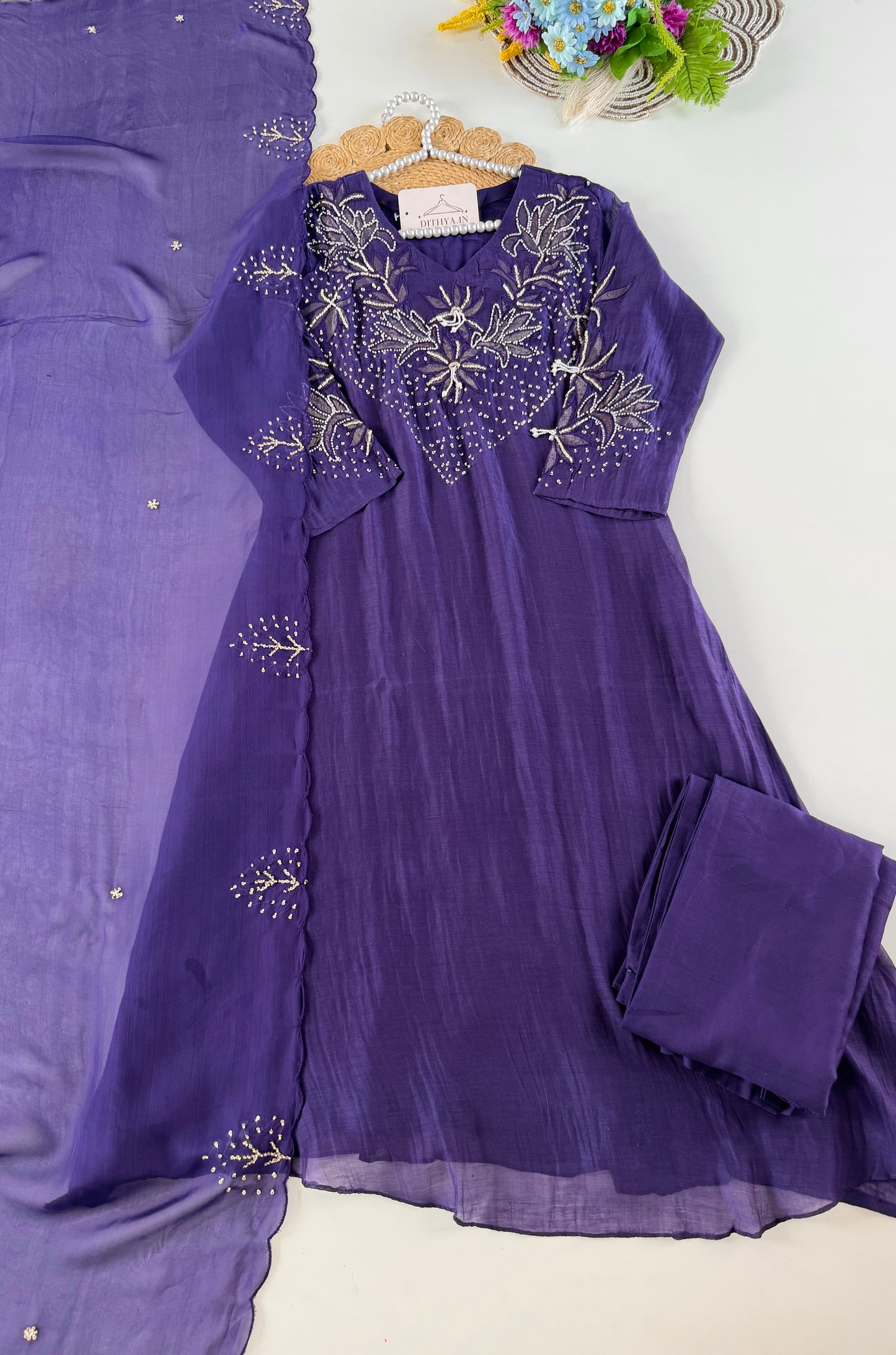 K612 - Mul chanderi handwork aline Kurti with pants and dupatta