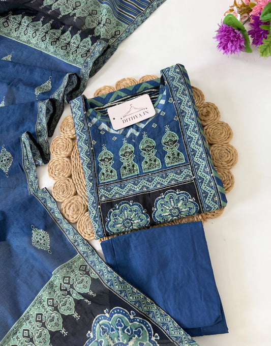 K144 - Mul cotton ajrakh embroidered straight Kurti with pants and dupatta